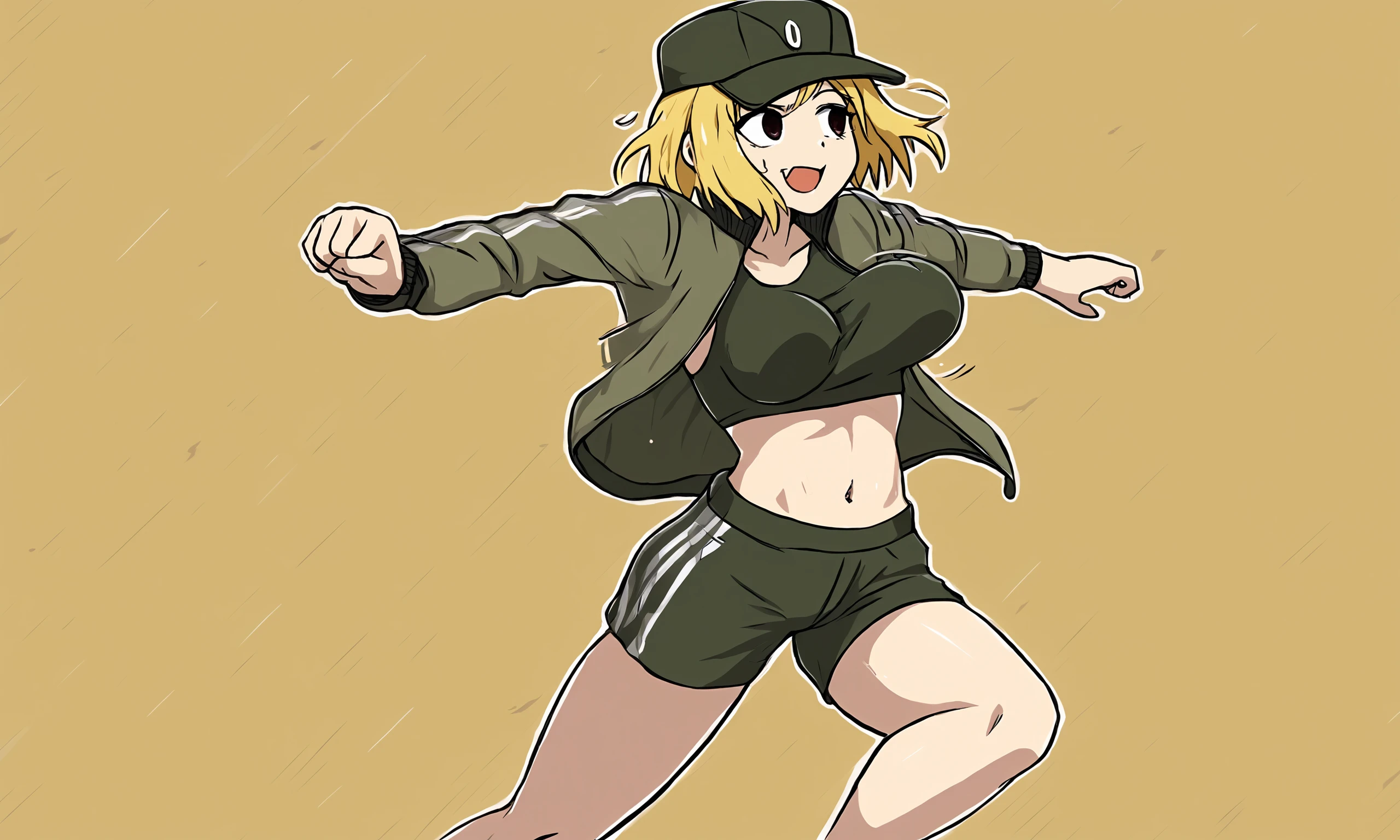 <lora:Mariyacka:1>, azovchan, 1girl, solo, blonde hair, hat, short hair, sport top, jacket, navel, shorts, sexy, running, sport girl, bouncing breasts