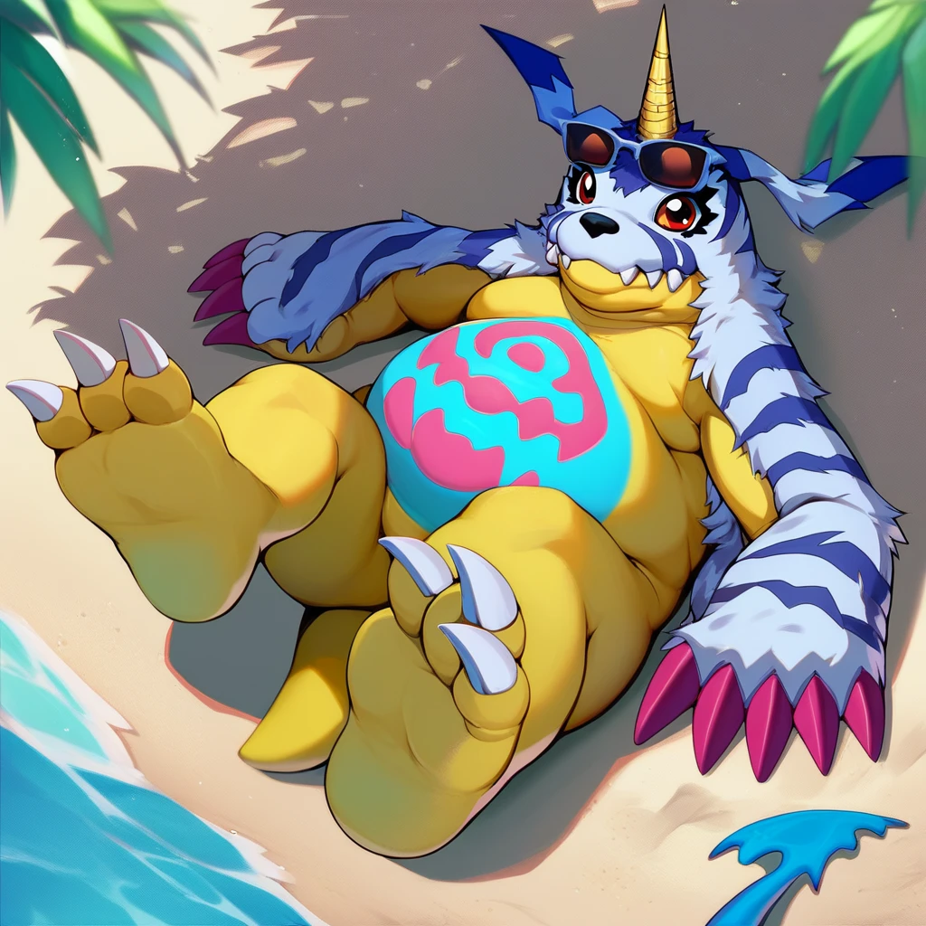 score_9, score_8_up, score_7_up, score_6_up, score_5_up, score_4_up, gabumon, digimon, single horn, claws, red eyes, sharp teeth, creature, monster, chubby, pudgy belly, blue and pink markings on belly, blue fur pelt, yellow body, three toes, outside, beach background, beach scenery, water, relaxing, laying down, looking at viewer, sunglasses, barefoot,