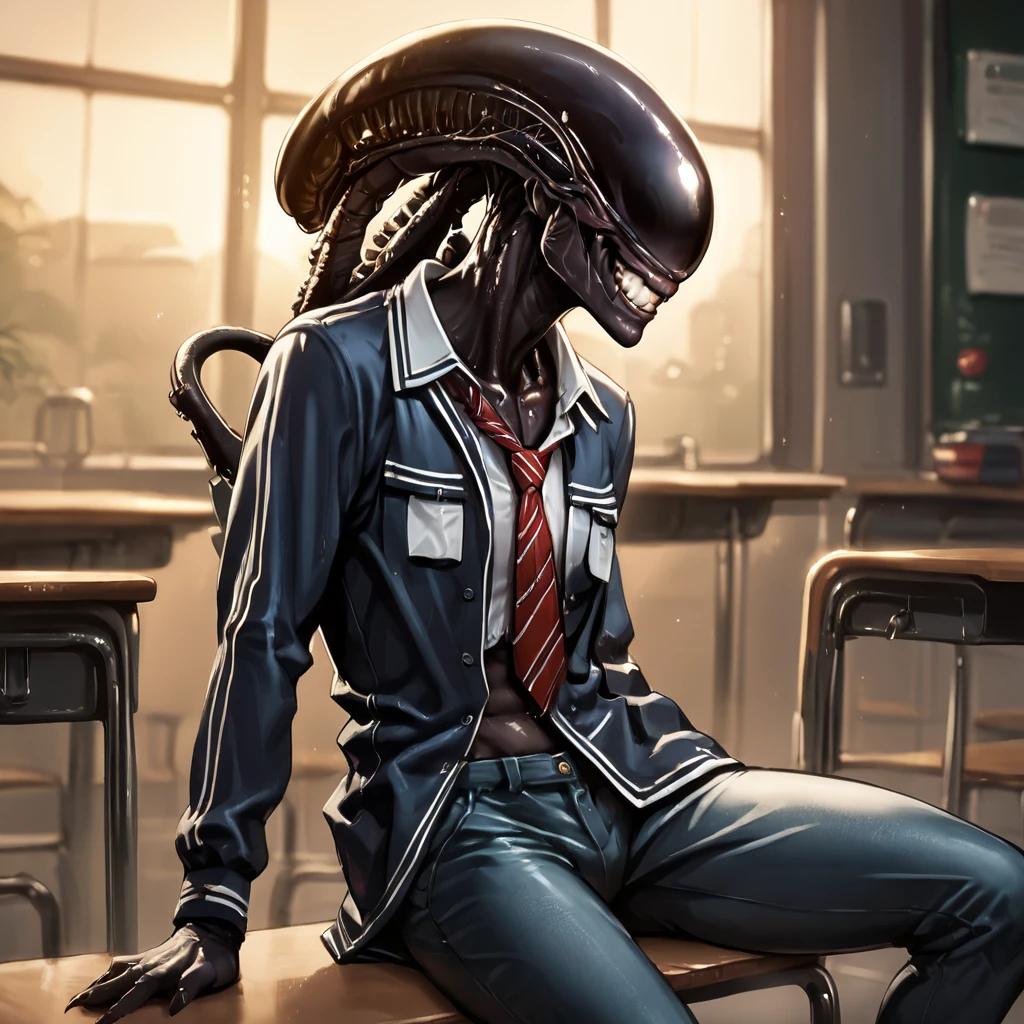 score_9, score_8_up, score_7_up, score_6_up, score_5_up, score_4_up, source_anime,  Xenomorph, alien, school uniform, smirk, sitting, class room,