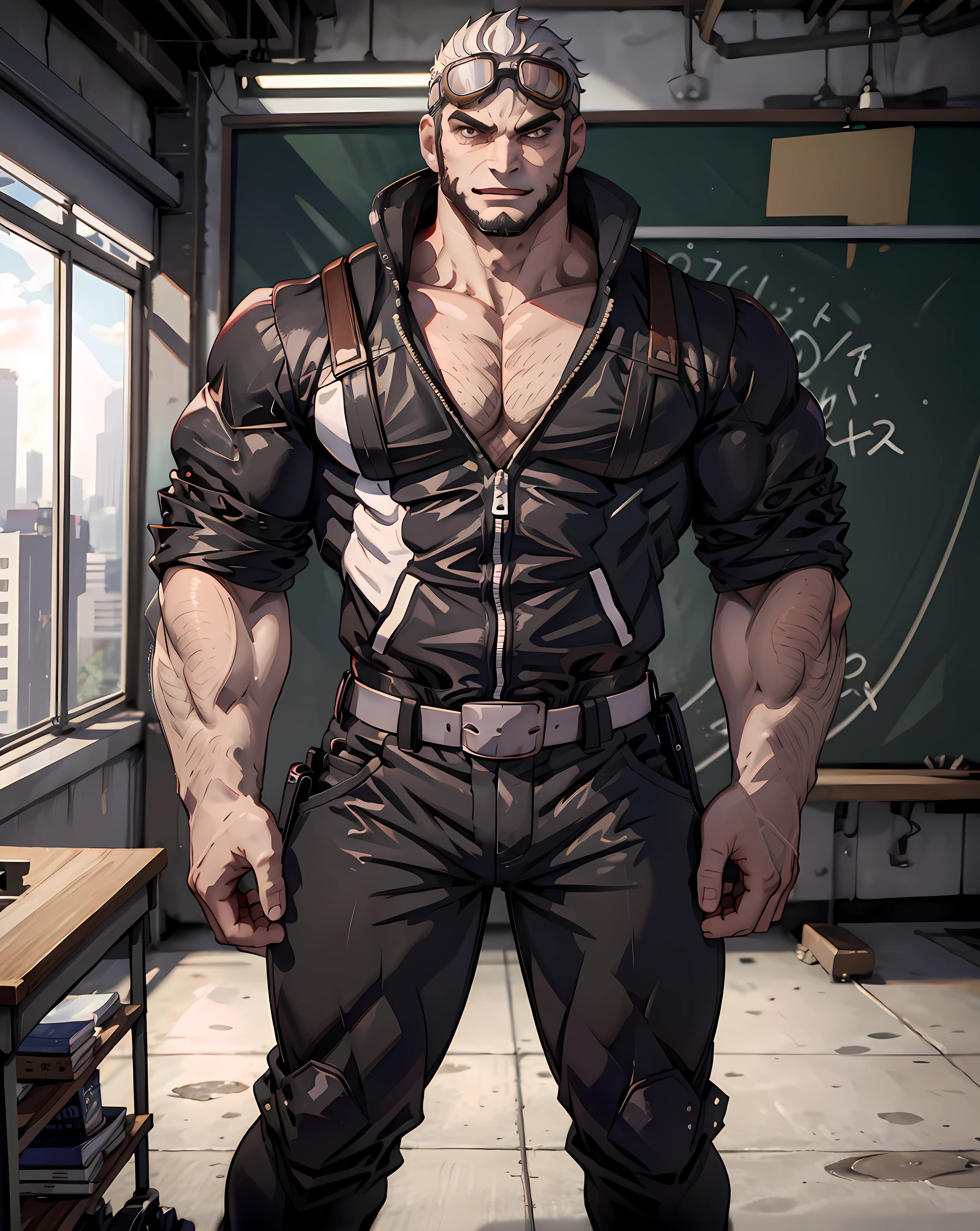 <lora:Jack_Cayman:0.75> 1boy,  jack_cayman, (muscular:1.3), jacket, long pants, classroom, blackboard, daytime, goggles, white hair, beard, standing, glasses,