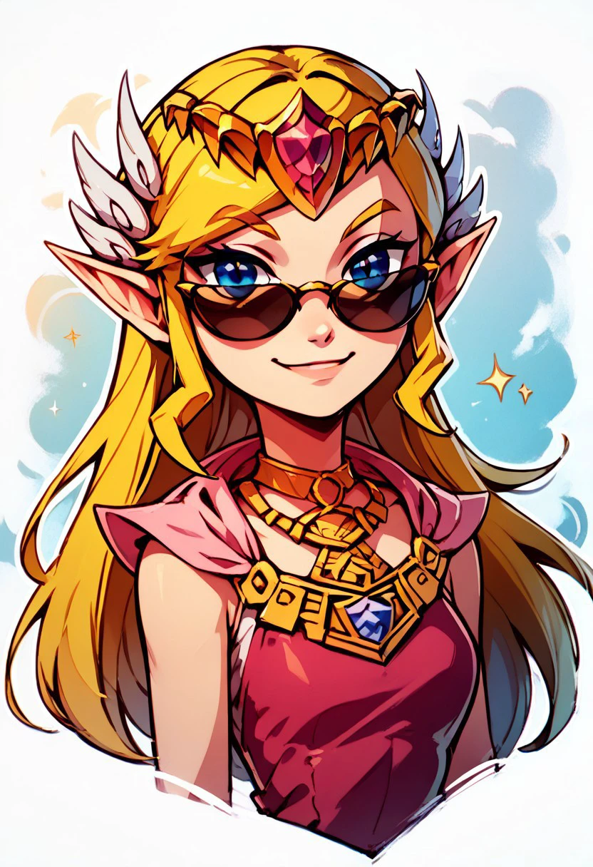 score_9, score_8_up, score_8, medium breasts, (curvy), cute, 
BREAK,
zzToonZelda, sunglasses, smirk, looking at viewer, smile, dress, jewelry, upper body, tiara, dress, best quality, sleeveless, 
zPDXL, Expressiveh, abstract background, white outline,