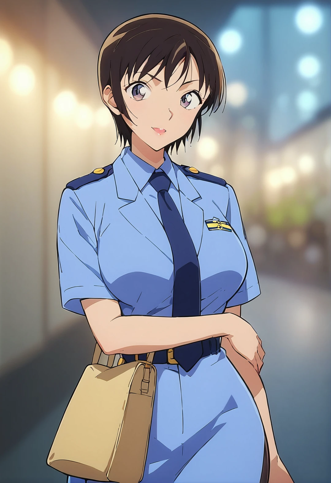 score_9, score_8_up, score_7_up, score_6_up, Light Outline,
((1girl,solo,Portrait,front view,milf,)),
large breasts, thin thighs,thin hips,thin waist,
Satou Miwako,black hair,short hair,grey eyes,makeup, light brown hair, blue police uniform,tie, skirt,
(Sheer Textured Dark Pantyhose,blurry background, ),
<lora:PONY_Miwako_Satou_Anime_Detective_Conan:0.8>