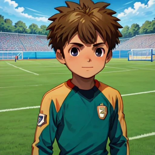 {{{{{m{{{{{masterpiece}}}}}} {{{{{high indicrated details}}}}} , soccer boy,green  soccer trikot, , best quality, on grass 8 K, High Quality, , stay infront goal, keeper gloves, catch a ball
 <lora:Tachimukai_Yuuki_Inazuma_Eleven:1> TachimukaiYuuki, brown hair, kid, focus male child