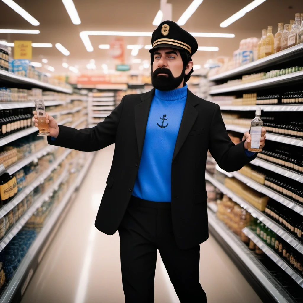 cinematic photo full body portrait robotic  man ,  black  hair, blue shirt, blush, black pants, facial hair, hat, buying alcohol in a grocery store <lora:Haddock1024:0.8>  . 35mm photograph, film, bokeh, professional, 4k, highly detailed