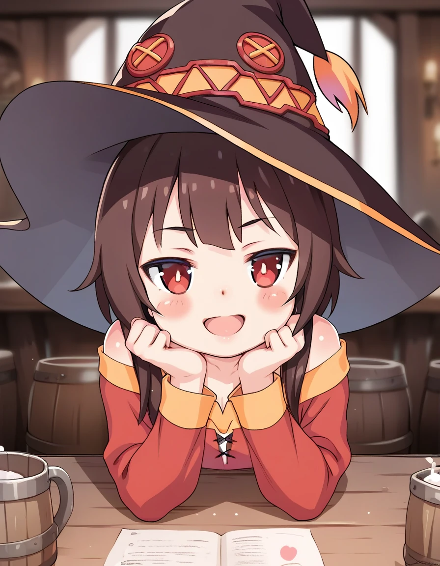 score_9, score_8_up, score_7_up,score_6_up,score_5_up,score_4_up, 1girl, upper body, smug, sitting on table, witch hat, looking away, (megumin,:0.8), long sleeves, red dress, tavern, open mouth, blush stickers, half-closed eyes,
<lora:samneco_style_pony6_v2-000034:1>