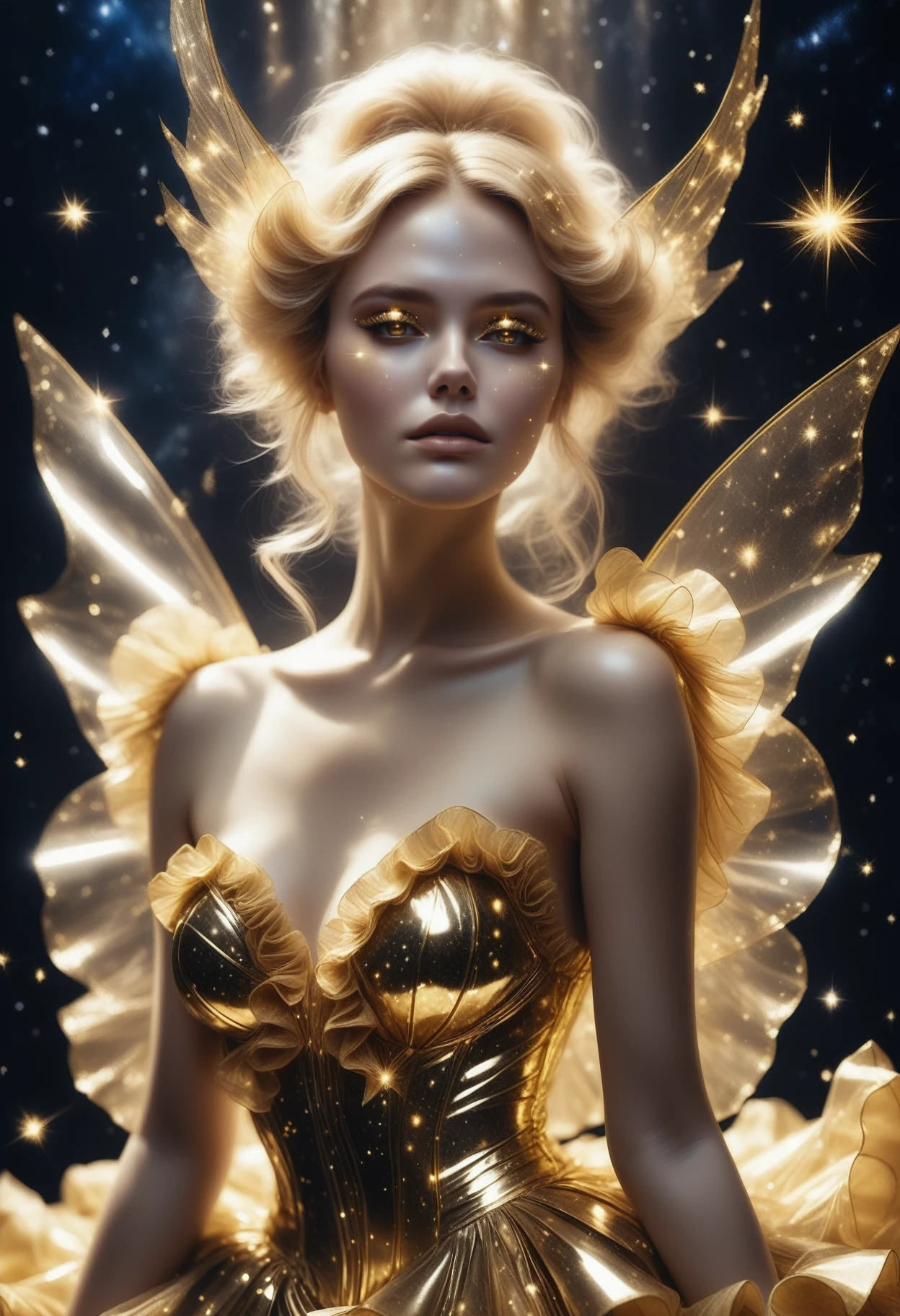 1woman in a golden ruffled dress, stardust, starHC, Haute Couture, <lora:starHC-000003:0.5> transparent wings, stardusted hair accessoire