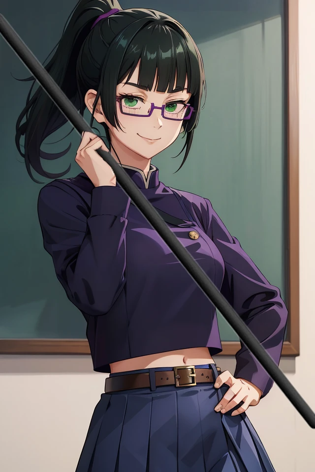 (JK_Maki_Zenin), glasses, solo, ponytail, 1girl, bangs, green eyes, black hair, blunt bangs, high ponytail, purple-framed eyewear, semi-rimless eyewear, smile, different actions, belt, brown belt, brown pantyhose, crop top, crop top overhang, jujutsu tech uniform, pantyhose, pleated skirt, shirt tucked in, skirt, blue skirt, blue crop top,