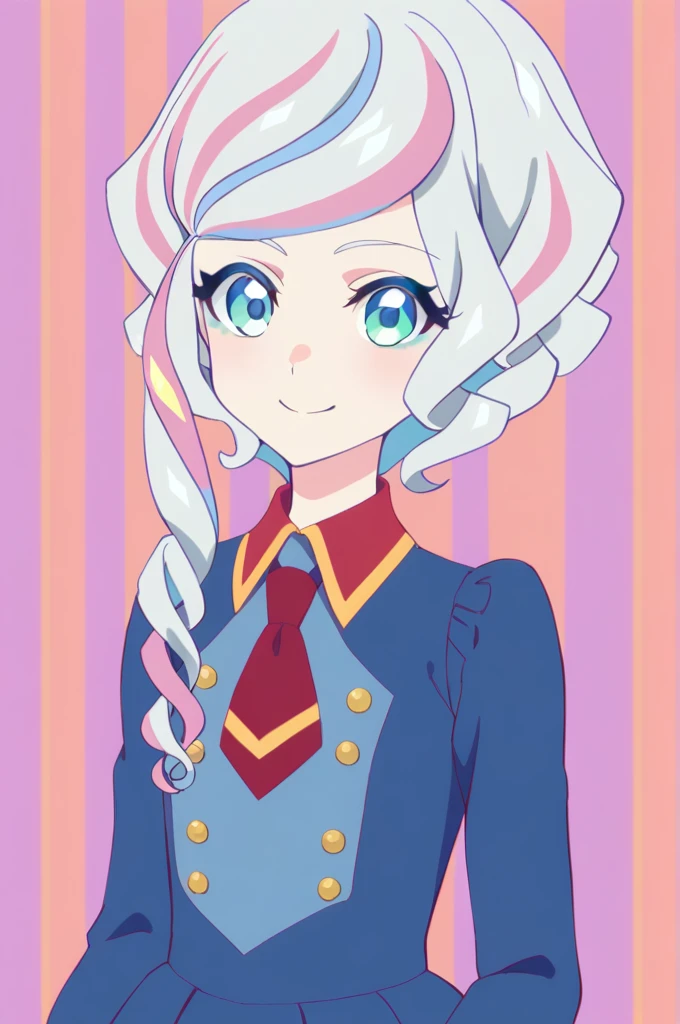  1girl, solo, (upper body:1.2) , shiori_aikatsu, gray hair, multicolored hair, blue shirt, , long sleeves, smiling, 