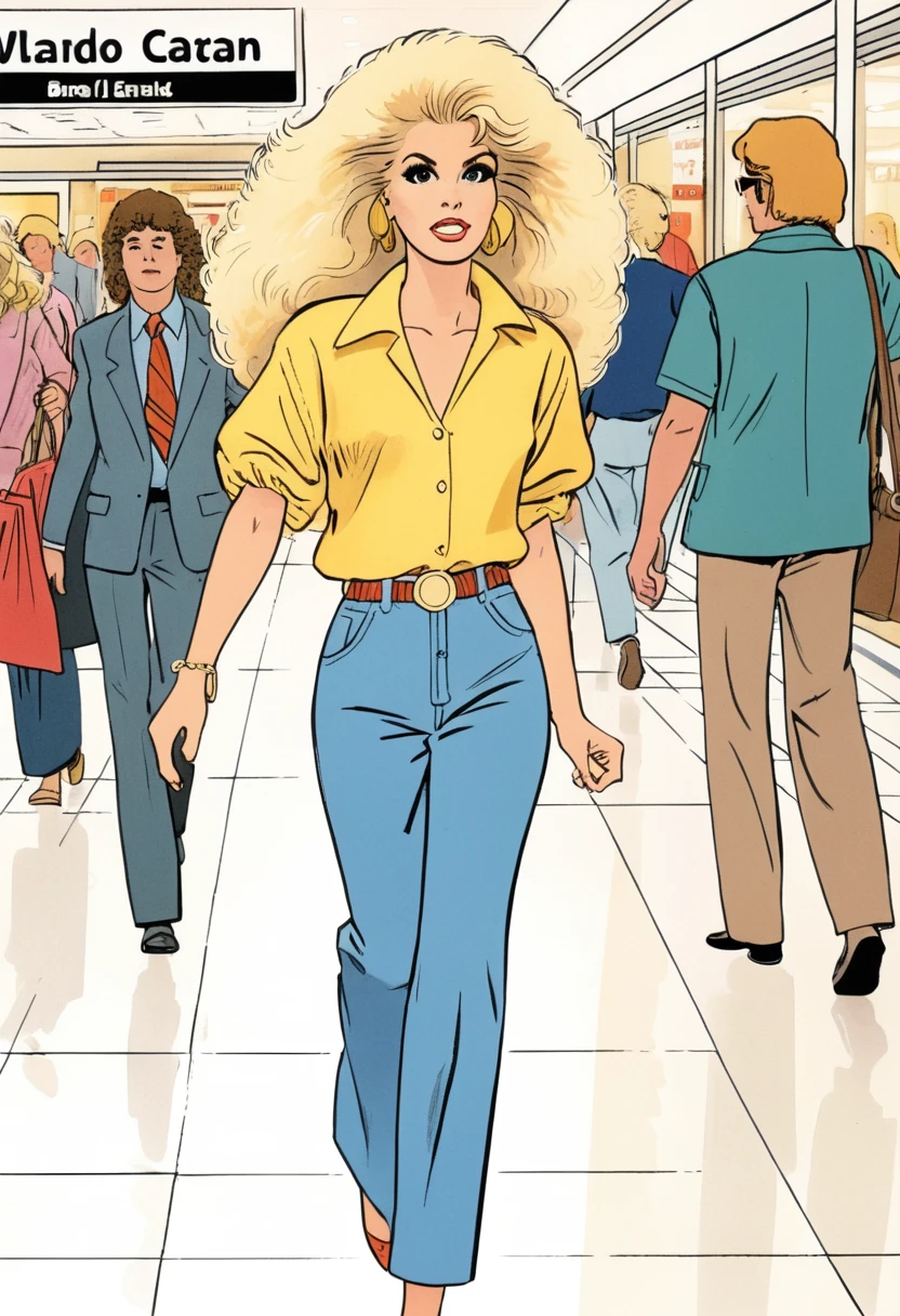 an illustration of a woman walking at the mall in the 1980s, big blonde hair, rvrdll