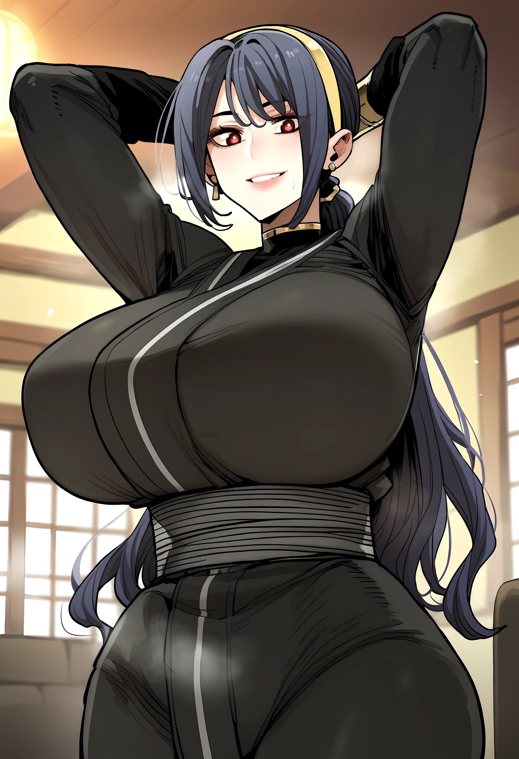 score_9, score_8_up, score_7_up, score_6_up, source_anime, rating_explicit, <lora:neg4all_bdsqlsz_V3.5:2.0>1girl, (solo:1.1), huge breasts, <lora:So Lyeongponyxl:1>long hair, black hair, red eyes, earrings, low ponytail, yellow hairband, sidelocks, black bodysuit, japanese clothes, smile, Narrow shoulders, heavy breathing, steaming body, living room, indoors, looking at viewer, (front view:1.1), arms behind head