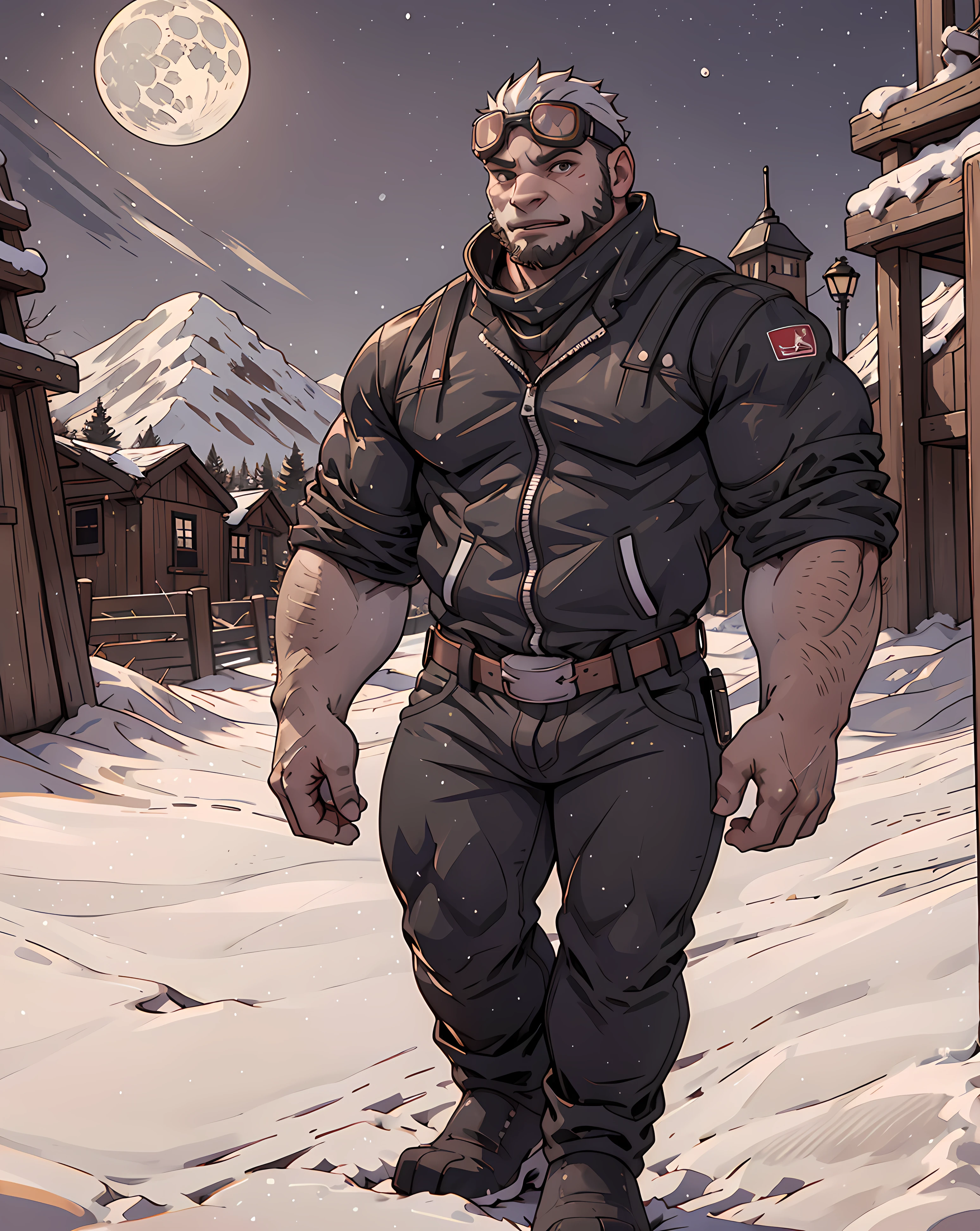 <lora:Jack_Cayman:0.65> looking at viewer, jack_cayman, (winter jacket:1.3, jeans, belt, scarf), goggles, white hair, beard, muscular, outdoor, mountain, snow, night, moon, star, walking down, muscular