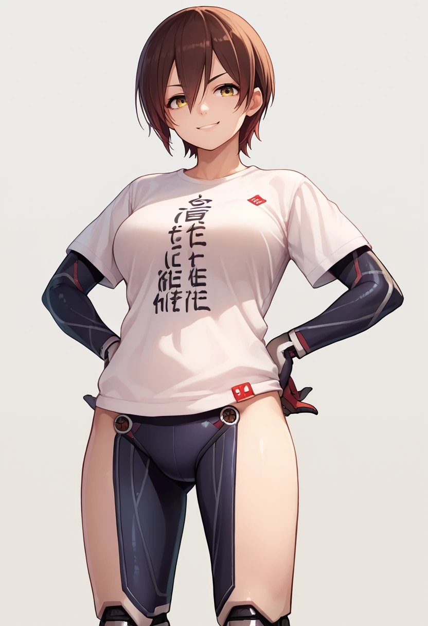 score_9, score_8_up, score_7_up, source_anime, simple background, white background, solo, 1girl, robocotshirt, android, mechanical arms, smirk, looking at viewer, standing, hands on own hips, short hair, white shirt, t-shirt, clothes writing, short sleeves, no pants, mechanical legs, large breasts <lora:hololive_roboco-san_ponyXL:1>