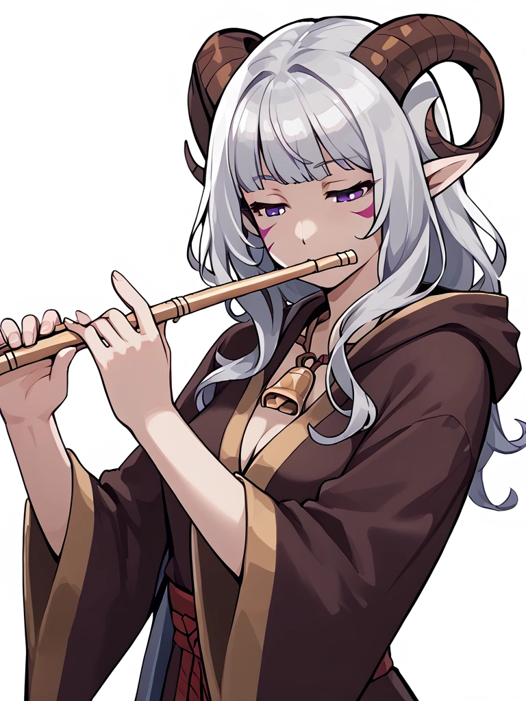 <lora:flute:0.8> flute, holding instrument,, source_furry, score_7_up, rating_safe, cowboy shot, gold necklace, tiefing, short pointed ears,brown horns, (a pair of brown sheep Horns that begin at her temples and curve back: 1.5), bangs,long silver hair long wavy hair, pale skin,<lora:whisker_markings:0.8> whisker_markings:1.4 , pointy ears, purple eyes:1.2, <lora:age_slider_v4:0.6>   medium breasts, skinny female, close up, silver hair, <lora:Tieflingnew weird fantasyDND:0.3> Tiefling, pointed ears, horns,   half-closed eyes:1.5,<lora:Smooth Style 2 SDXL_LoRA_Pony Diffusion V6 XL:0.5>  shepherd's crook, bell, robe, hood off, <lora:Nanoless_Artist_Style_PonyXL:0.3>  shaded face:1.2,