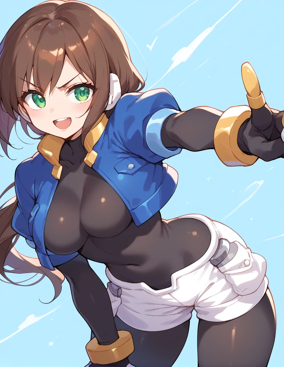 close-up,1girl,<lora:aile(megaman)_pony:1>,ailezxa,green eyes,brown hair,robot ears,long hair,medium breasts,low ponytail,
cropped jacket,blue jacket,short sleeves,layered sleeves,gloves,bodysuit,bodystocking,legwear under shorts,shorts,short over long sleeves,open jacket,
reaching forward,blue light,v-shaped eyebrows,leaning_forward,simple background, score_9,score_8_up,score_7_up,score_6_up,score_5_up,score_4_up,