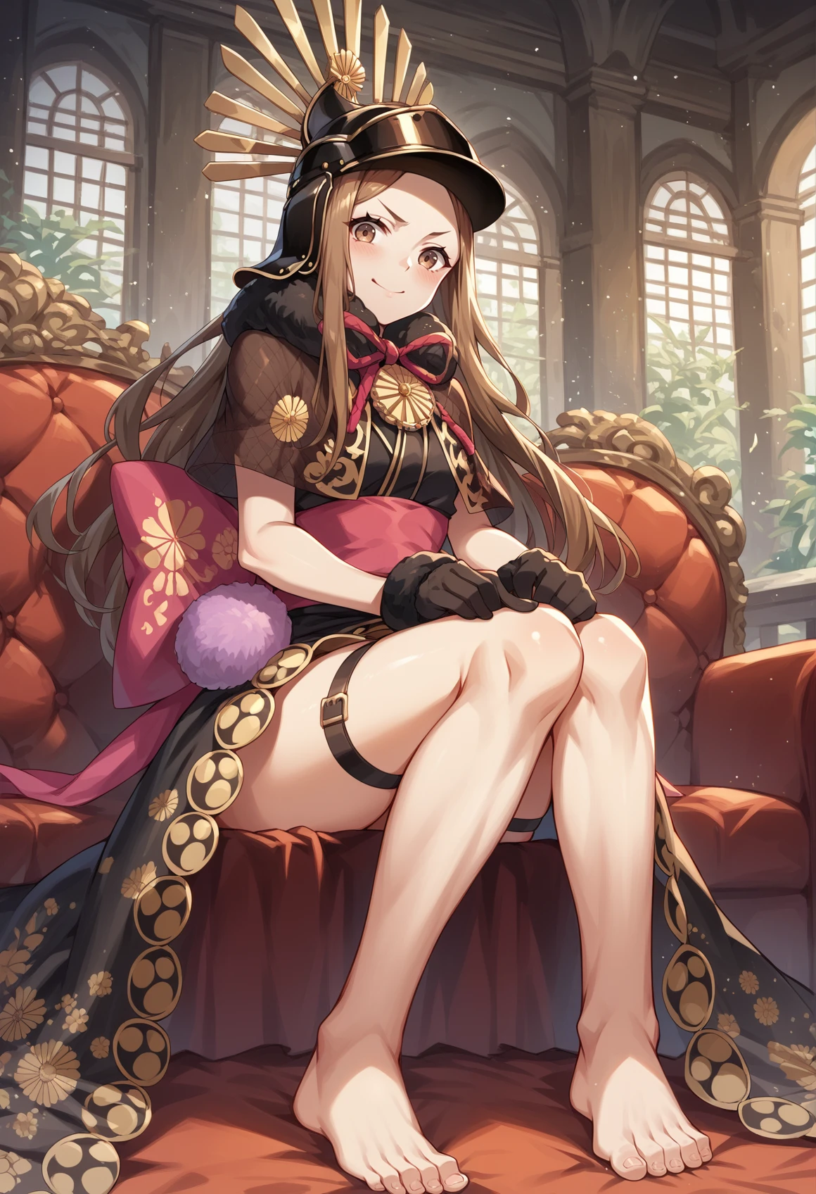 1girl, long hair, brown hair, brown eyes, forehead, hairband, dress, sleeveless, obi, barefoot, capelet, gloves, fur trim, helmet, thigh strap, sitting, indoors, couch, mansion, seductive smile, blushing, looking at viewer, head on knee  <lora:Chacha:1>, score_9, score_8_up, score_7_up, score_6_up, score_5_up, score_4_up, BREAK source_anime, masterpiece