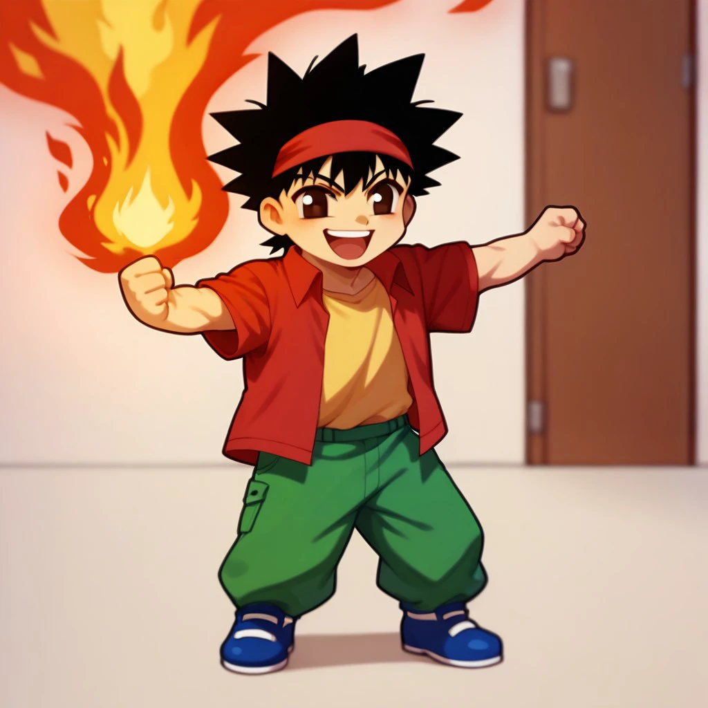 score_9, score_8_up, score_7_up BREAK EasyNegativeV2, HighKoni, 1boy, black hair, red hairband, brown eyes, open red shirt, yellow shirt, green pants, blue white shoes, fire punch, giving fire punch, fire fist, chibi body, chibi size, smiling,