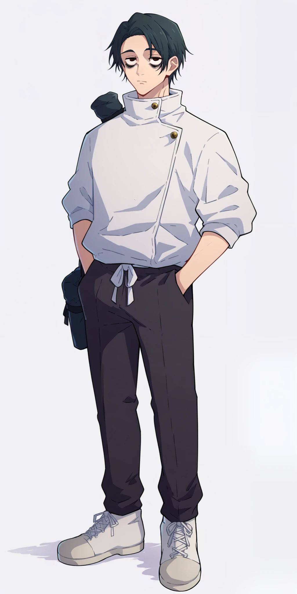 source_anime, score_9, score_8_up, score_7_up, BREAK, aesthetic anime, highly detailed, yuta okkotsu, 1boy, expressionless, bags under eyes, looking at viewer, school uniform, white jacket, high collar, instrument case, black pants, white footwear, standing, hands in pocket, full body, white background