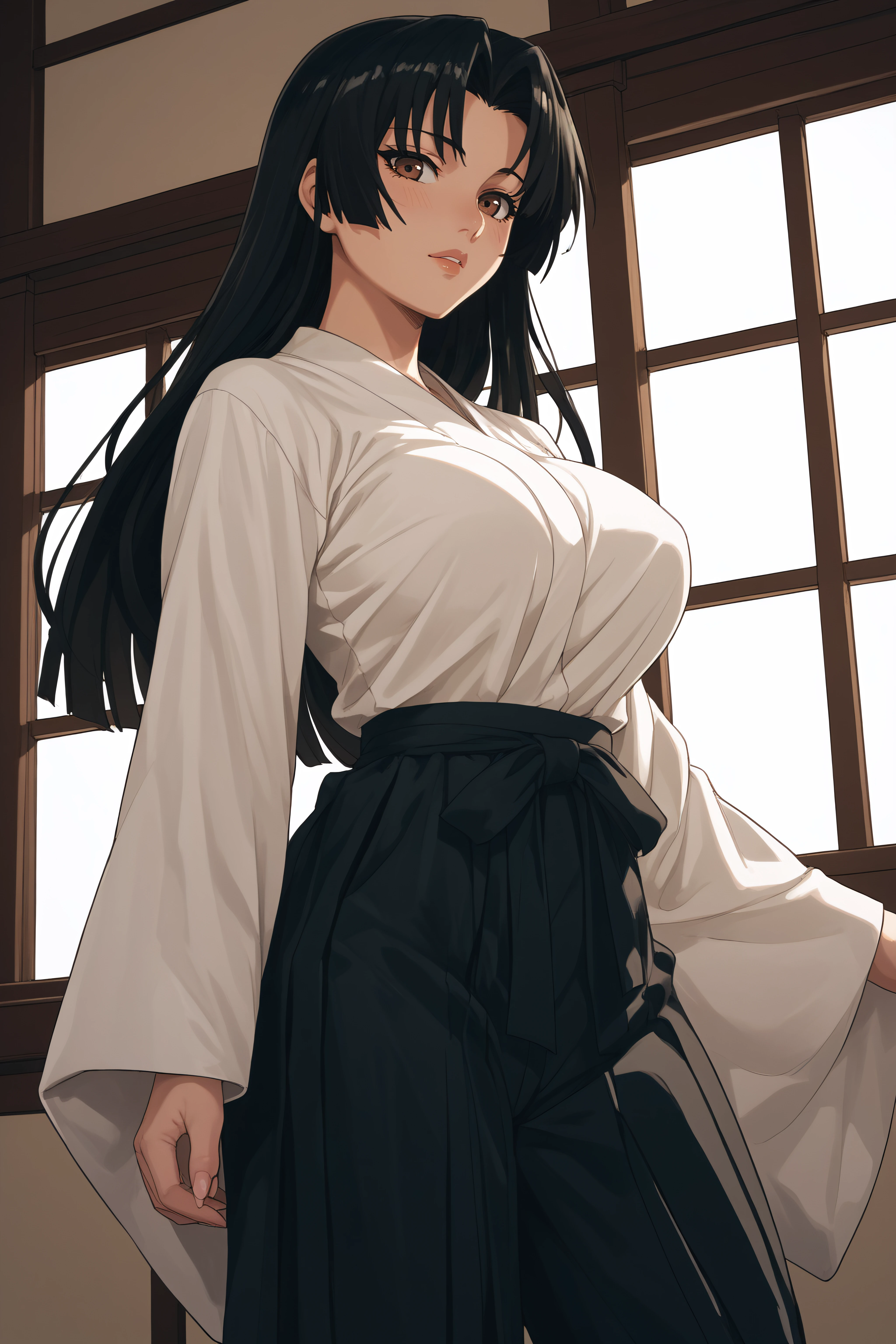 Long Hair, Parted bangs, Open your mouth, smile, break wearing White_kimono, break indoors, classroom, break looking at viewer, (Cowboy Shot:1.5),Are standing,Pause, Hands on hips, break (masterpiece:1.2), Highest quality, High resolution, unity 8k wallpaper,Browsing Caution ,(figure:0.8), (Beautiful attention to detail:1.6), Highly detailed face, Perfect lighting, Highly detailed CG, (Perfect hands, Perfect Anatomy),