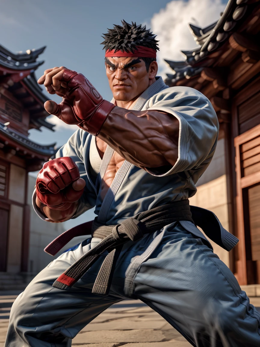 ultra realistic, unreal engine 5, anatomically correct, detailed eyes, detailed face, black eyes, thick eyebrows, male focus, solo, ryu, street fighter, muscular, black hair, short hair, (red headband), red figerless gloves, ((white jiu-jitsu kimono, pants)), sky, cloud, temple, looking at viewer
<lora:Add More Details:0.8> 
<lora:Ryu SFV B:0.8>