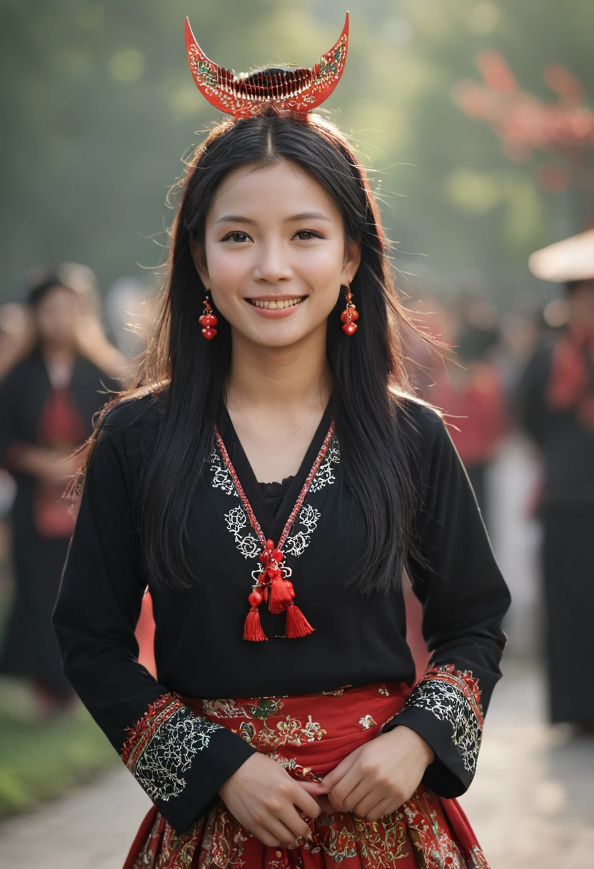 Vibrant Rim Light, cinematic photo Hanfu photography, cinematic angle, fisheye, dynamic perspective, intricate details, wide angle, cinematic lighting, motion blur,
1girl, black hair, long hair, hat, (red wsmiao comb:1.2), long sleeves, dress, traditional clothes, makeup, skirt, long hair blown by the wind, upper_body,
Miao girl dancing gracefully in the enchanting light of the setting sun, adorned in a traditional Miao outfit with meticulous silver headdress featuring intricate handcrafted patterns, vibrant and elaborately embroidered clothing,smile, 
green wanfl background,
dusk,35mm photograph, film, bokeh, professional, 4k, highly detailed, light depth, dramatic atmospheric lighting, Volumetric Lighting