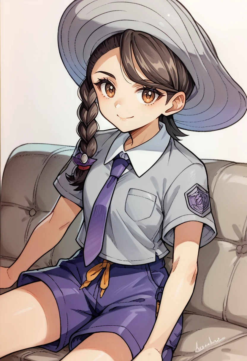 score_9, score_8_up, score_7_up, source_anime, traditional art, solo, 1girl, julianaviolet, smile, closed mouth, looking at viewer, sitting, couch, single braid, grey headwear, hat, school uniform, grey shirt, collared shirt, purple necktie, short sleeves, purple shorts, indoors <lora:pokemon_juliana_ponyXL:1> <lora:Traditional_art_v4_USENEG:-1>