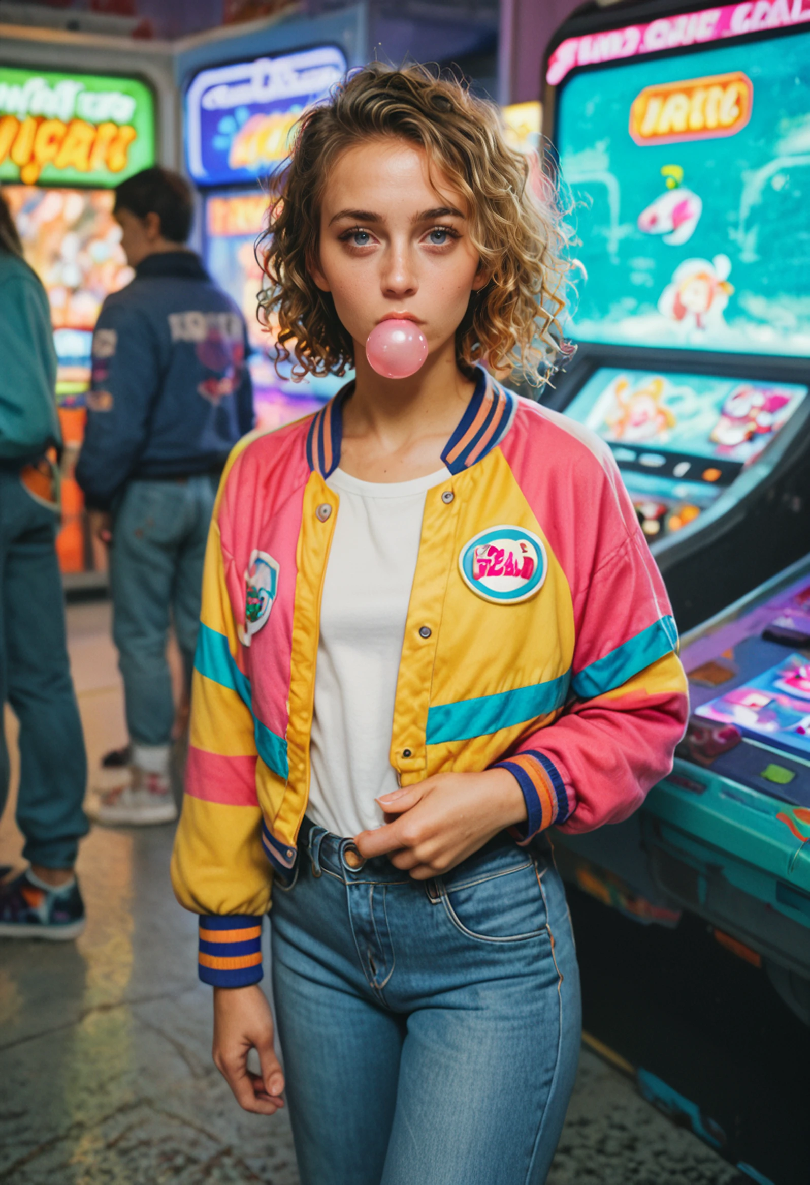 score_9,score_8_up,score_7_up,score_6_up,score_5_up, a girl with blonde curly hair, 1girl, standing, pink bubblegum bubble, 80s style arcade, video games, worried look, leaning back on arcade machine, worried, looking at viewer, colorful bomber jacket, slim jeans, plants, spaceship, cinematic lighting, volumetric lighting, unique angle, foggy atmosphere