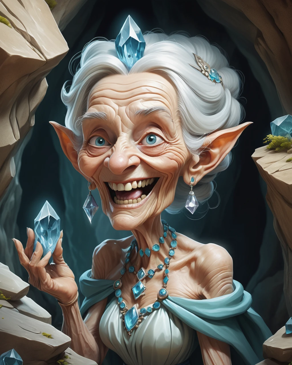 old ancient fairy queen, diety, old wrinkled skin, magical crystal cave, esoteric, (caricature:1.3), happy