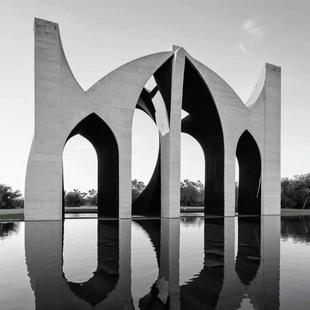 raw image black and white, a modernist building with large arches reflected in a pool of water, a smooth abstract sculpture