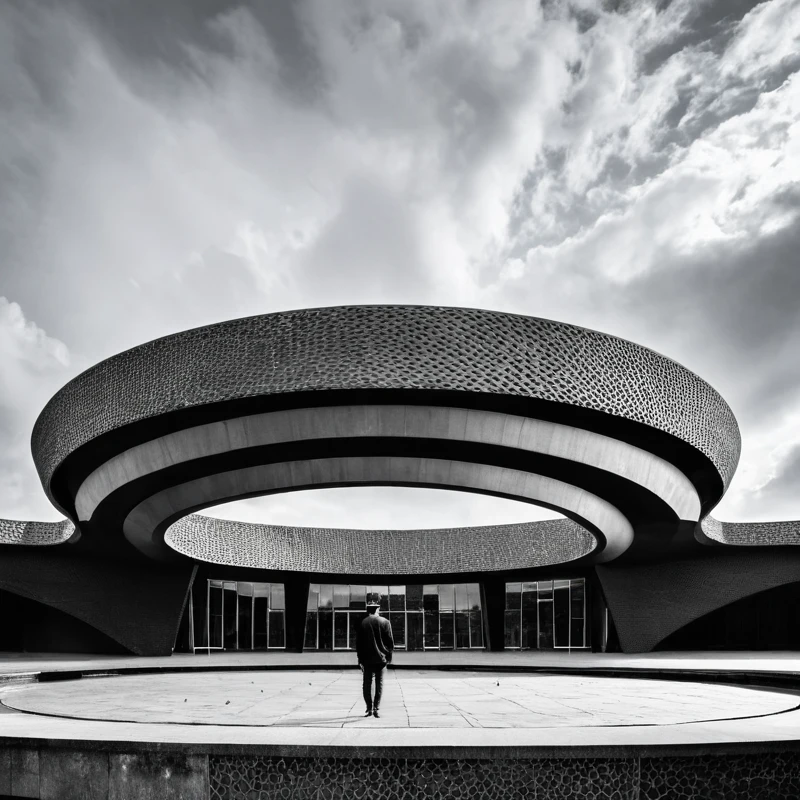 black & white, a solitary figure standing under a vast, circular open structure with a patterned roof revealing the cloudy sky, minimalist architecture, modern art style, high-contrast elements, dramatic lighting

