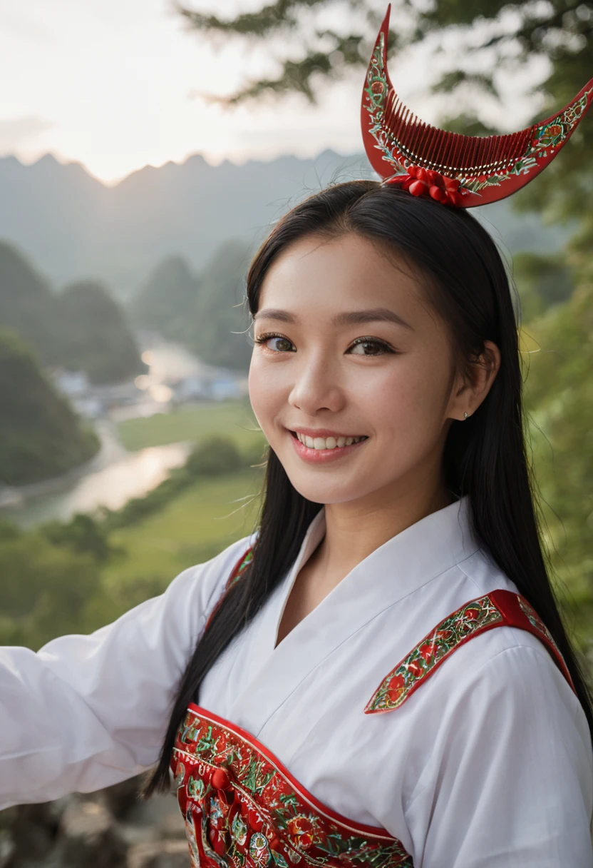 Vibrant Rim Light, cinematic photo Hanfu photography, cinematic angle, fisheye, dynamic perspective, intricate details, wide angle, cinematic lighting, motion blur,
1girl, black hair, long hair, hat, (red wsmiao comb:1.2) on bun hair,, long sleeves, dress, traditional clothes, makeup, skirt, long hair blown by the wind, upper_body,
Miao girl dancing gracefully in the enchanting light of the setting sun, adorned in a traditional Miao outfit with meticulous silver headdress featuring intricate handcrafted patterns, vibrant and elaborately embroidered clothing,smile, closed_mouth, 
(green wanfl background),
dusk,24mm photograph, film, bokeh, professional, 4k, highly detailed, light depth, dramatic atmospheric lighting, Volumetric Lighting