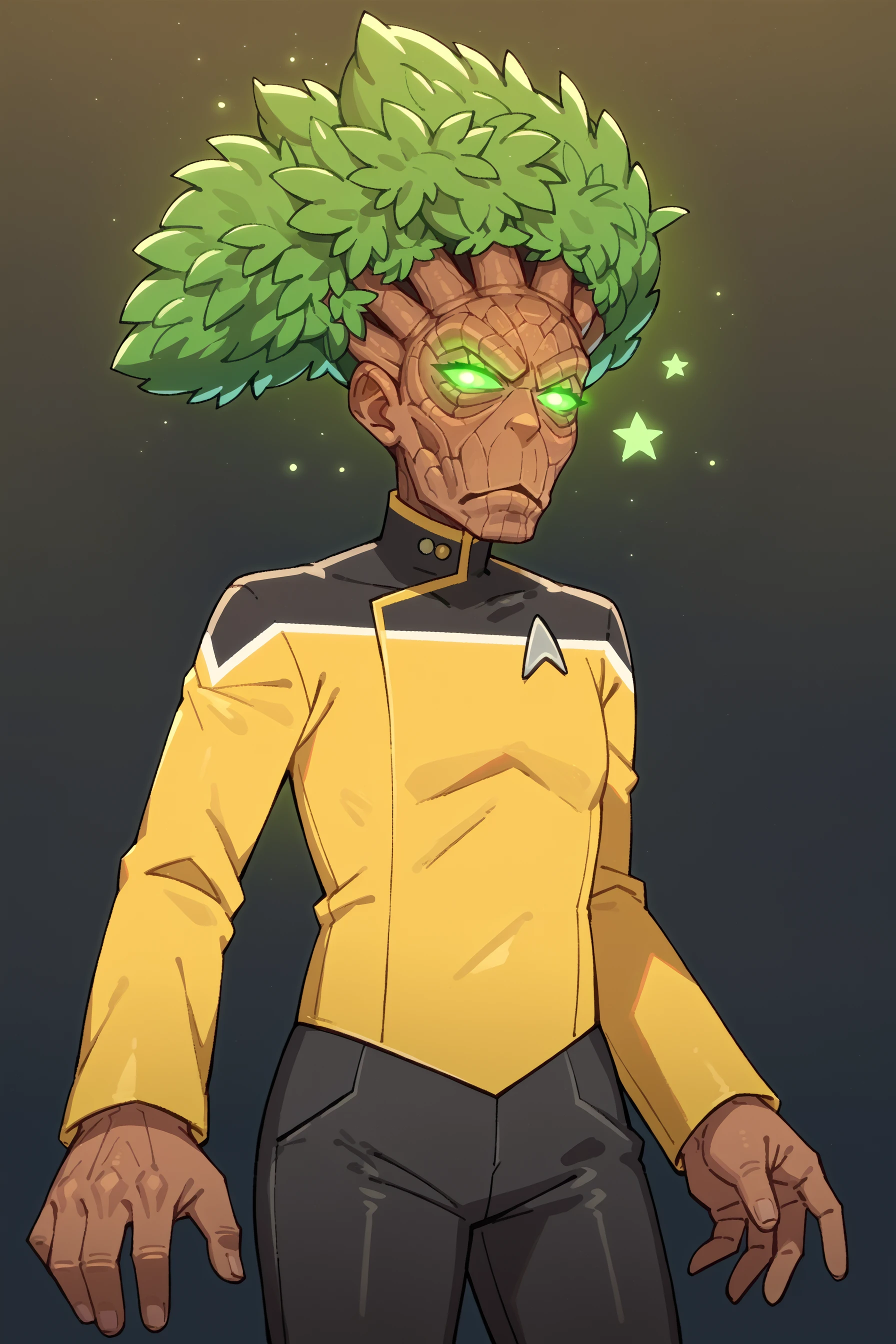 score_9, score_8_up, score_7_up, source_anime, solo, <lora:NSTreantWoW:1> NSTreantWoW, brown skin, green eyes, glowing eyes, green hair, short hair, monster, sttldunf star trek black and yellow uniform, yellow sleeves,black shoulders,black pants<lora:STTLPony:0.9>