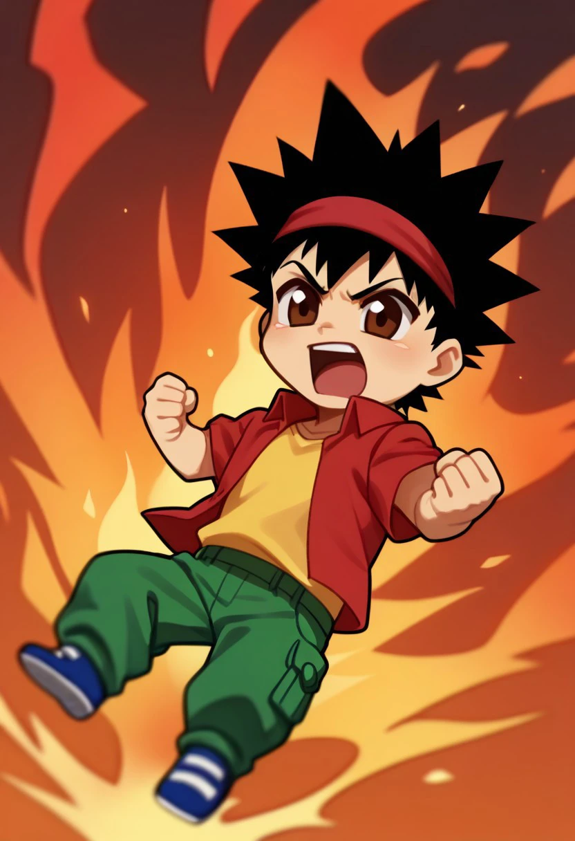 score_9, score_8_up, score_7_up BREAK EasyNegativeV2, HighKoni, 1boy, black hair, red hairband, brown eyes, open red shirt, yellow shirt, green pants, blue white shoes, fire punch, giving fire punch, fire fist, dynamic angle, dynamic view, chibi body, chibi size,