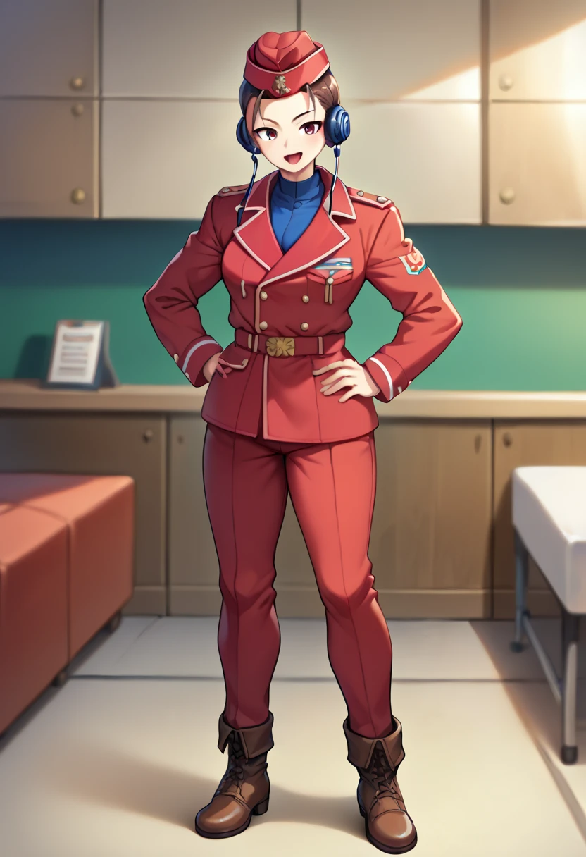 score_9,score_8_up,score_7_up,score_6_up,source_anime BREAK 1girl,solo,marymiyabi, <lora:MaryMiyabiPony:0.85>, standing,hands on hips,hat,garrison cap,headphones,military uniform,red jacket,red pants,boots,full body,happy,:d,facing viewer,indoors,metal room, <lora:abyssorange_style_for_pony_d32:1>