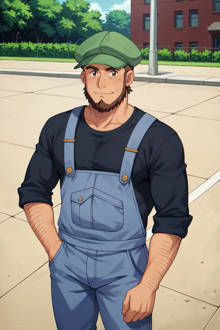 score_9, score_8_up, score_7_up, score_6_up, perfect anatomy, perfect proportions, best quality, masterpiece, high_resolution, high quality, aesthetic, absurdres, (male focus), solo male, Meyer, brown hair, short hair, brown eyes, facial hair, chinstrap beard, blue overalls, black undershirt, sleeves rolled up, cabbie hat, green hat, adult, mature, masculine, manly, handsome, charming, alluring, standing, upper body, (dutch angle, view from below), look at viewer, cowboy shot, arm hair, photo background, outdoor, sidewalk, retro city, scenery<lora:EMS-415885-EMS:0.800000>