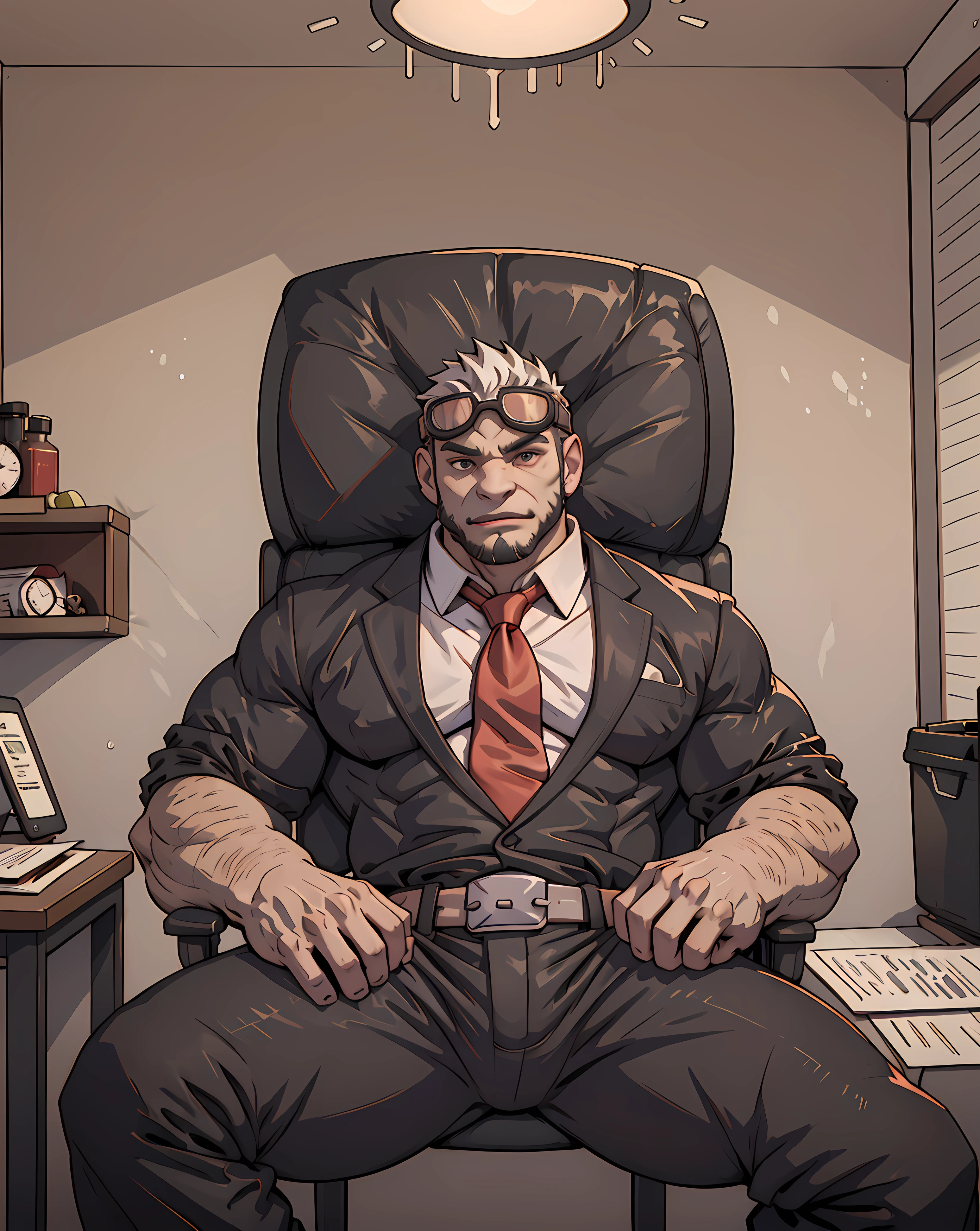 <lora:Jack_Cayman:0.65> looking at viewer, jack_cayman, (long pants, belt, formal, suit, red tie, long sleeve), goggles, white hair, beard, muscular, indoor, office, sit on chair, sitting down, muscular