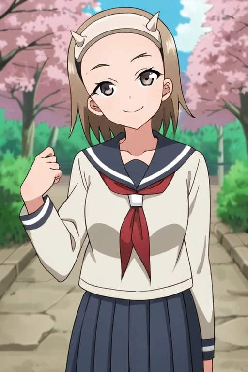 <lora:kunoichiDokudami:0.7> kunoichiDokudami, 1girl, solo, hairband horns, short hair, smile, serafuku, sailor collar, pleated skirt, outdoors, cherry blossoms,  looking at viewer, highly detailed