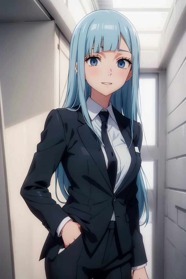 (JK_Miwa_Kasumi), 1girl, long hair, blue eyes, bangs, solo, straight hair, blunt bangs, light blue hair, Side bangs, blush, eyelashes, smile, asymmetrical_hair, (formal, suit, black jacket, white shirt, black necktie, black pants),