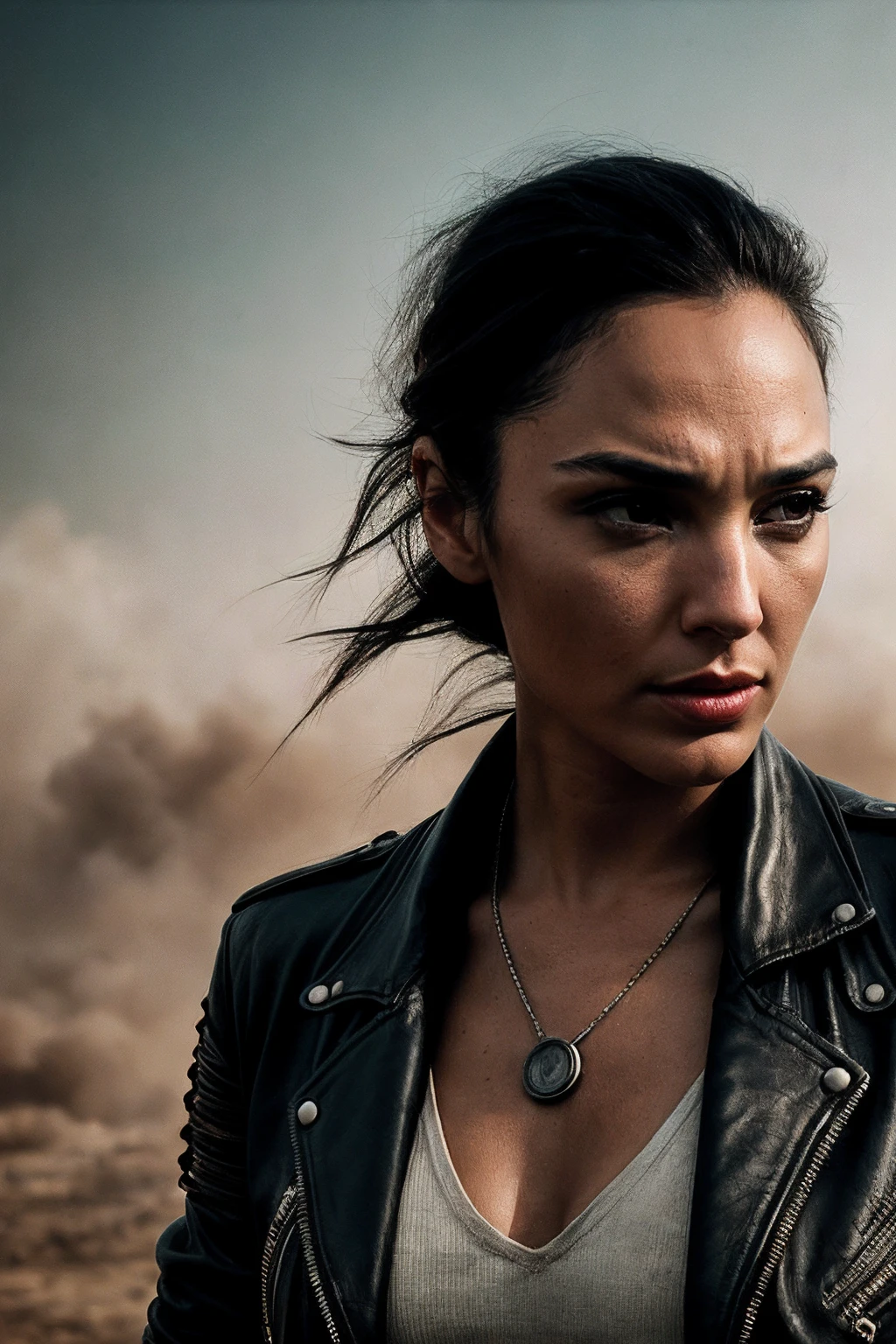 GalG_SoloTI_v1,
(In a rugged leather jacket adorned with metal spikes, and worn cargo pants, exuding a raw and fierce demeanor), (Amidst the desolate wasteland of a post-apocalyptic desert, where roaring engines and violent sandstorms create a symphony of chaos and survival, a sense of relentless determination and brutality fills the scorching air:1.3), (intense:1.3), (gritty, high-contrast, dust-filled atmosphere, action shot:1.3),
<lora:add_detail:0.6>, PA7_Portrait-MCU