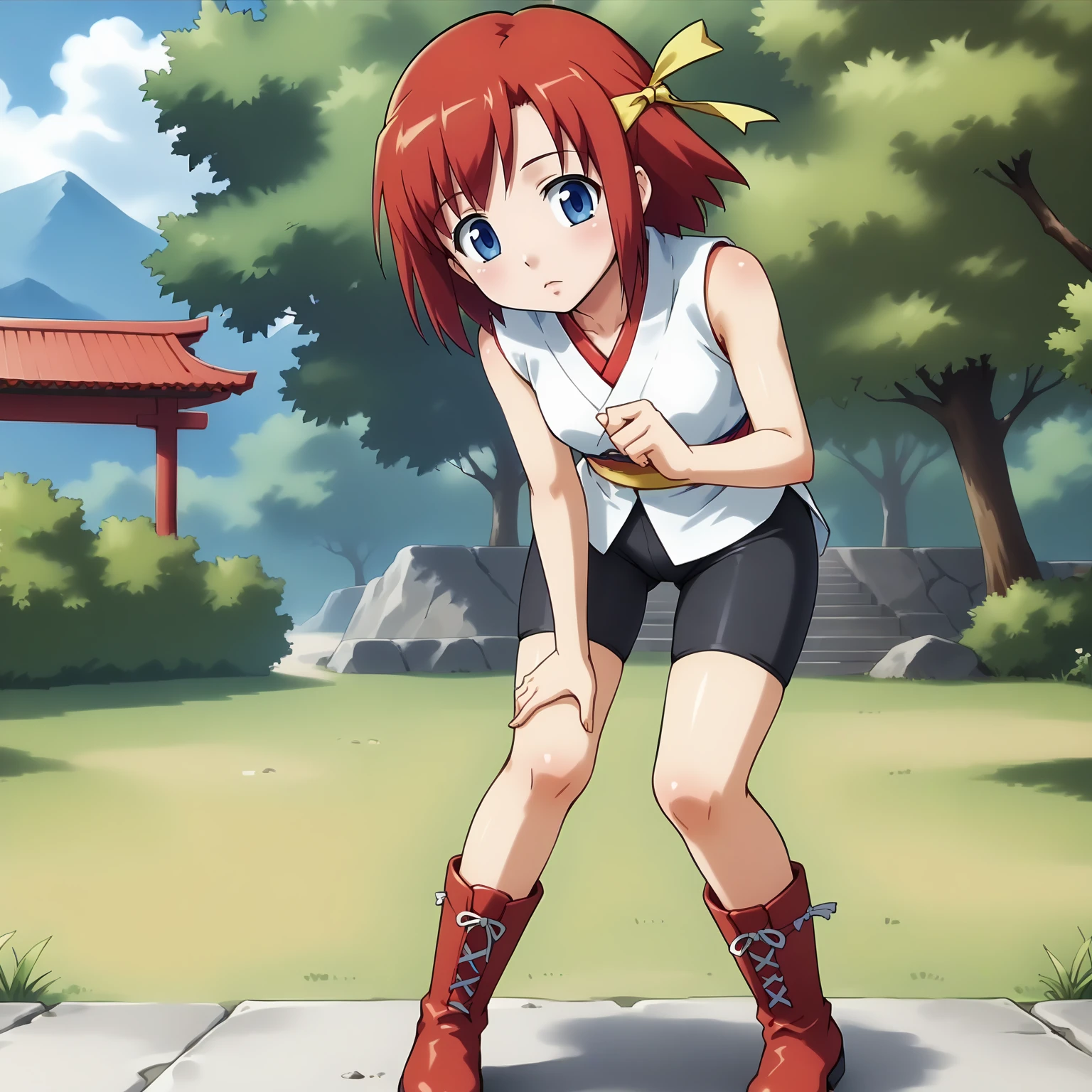 <lora:MSPAkaneXLpony001>,
solo,
MSPAkane,1girl,red hair,short hair,hair ribbon,blue eyes,
japanese_clothes,sleeveless,bike_shorts,red boots,
outdoors,
standing,leaning_forward,