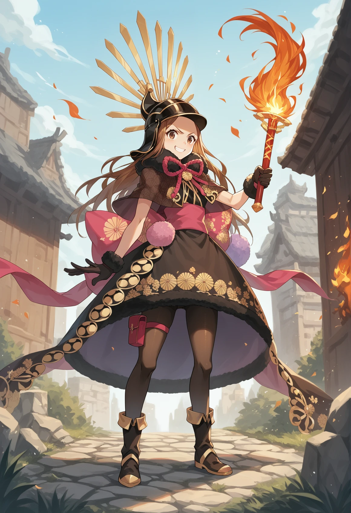 1girl, long hair, brown hair, brown eyes, forehead, hairband, dress, sleeveless, obi, barefoot, capelet, gloves, fur trim, helmet, thigh strap, pantyhose, standing, boots, holding weapon, flaming sword, fire, outdoors, smile <lora:Chacha:1>, score_9, score_8_up, score_7_up, score_6_up, score_5_up, score_4_up, BREAK source_anime, masterpiece