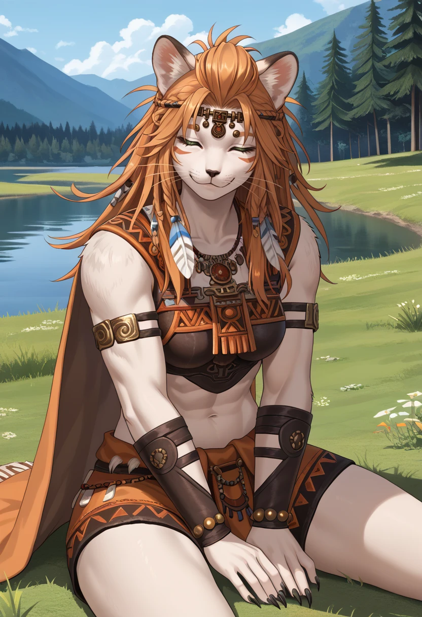 score_9, score_8_up, score_7_up source_anime BREAK solo,cowboy shot, 1girl, looking at viewer,
<lora:WukLamatDwnsty:1>, Wuklamat, green eyes, orange hair, longm hair,multiple braids, hair slicked back, forehead, facial mark, whiskers, snout, animal ears, feather hair ornament, jewelry, tail, circlet, armlet, armband, tribal, armor, clothed animal, furry, body fur, orange cape, toned, necklace, slit pupils, sharp fingernails, black nails,
medium breasts, smile, on ground, sitting, leaning to the side, closed eyes, heavy breathing, exhausted,
outdoors, nature,grass, cloudy sky, lake,