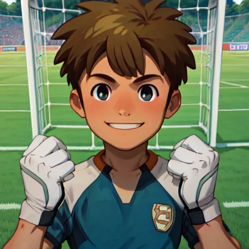 {{{{{m{{{{{masterpiece}}}}}} {{{{{high indicrated details}}}}} , soccer boy,green  soccer trikot, , best quality, on grass 8 K, High Quality, smile, fistbump, stay infront goal, keeper gloves
 <lora:Tachimukai_Yuuki_Inazuma_Eleven:1> TachimukaiYuuki, brown hair