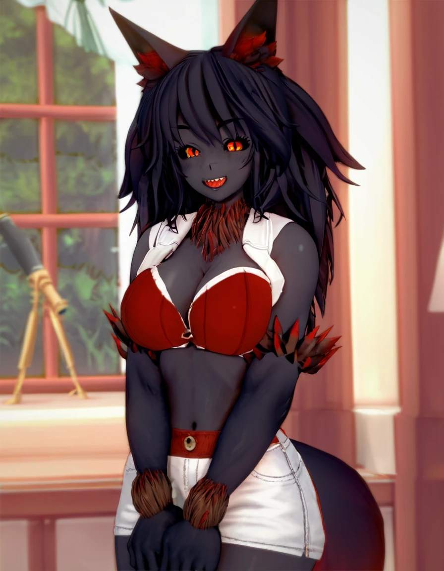 Natasha, solo:1.3, black wolf, wearing red dress, red eyes, long black hair, straight bangs, laughing hysterically, drunk, mouth wide open, blushing, eyes wide open, wide eyed, very small pupils, small irises, cell shading, no background, flat white background, by fumiko, by hyattlen, by hioshiru, upper body shot, leaning to the side, bending over