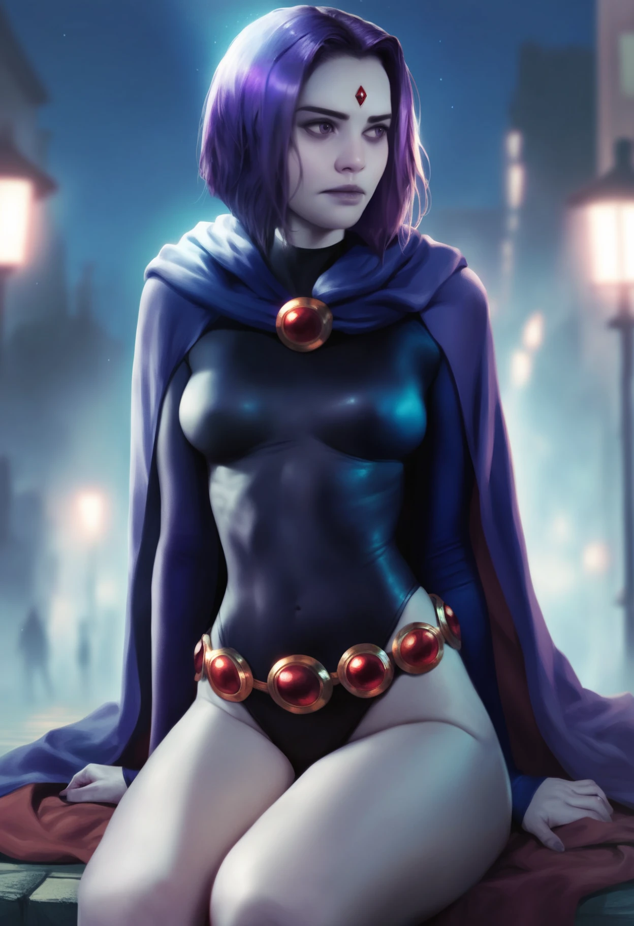 1girl, cowboy shot of rvn, hotraven, pale skin, black leotard, turtleneck, tights, cape, glowing eyes, gold belt, jewels, medallion, athletic, looking at viewer, night, dark forest, mist, fog, volumetric lighting, best quality, masterpiece, intricate details, tonemapping, sharp focus, hyper detailed, realistic