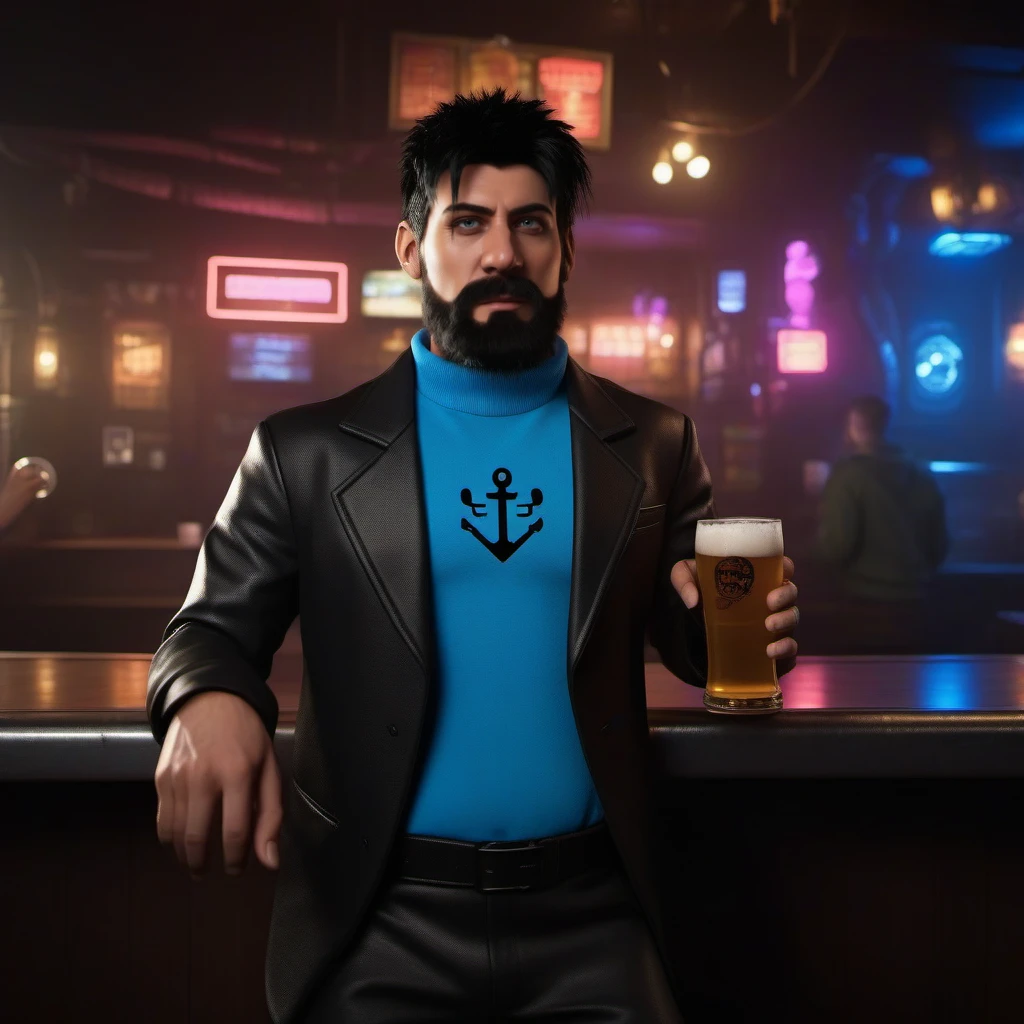 cinematic photo full body portrait robotic  man ,  black cyberpunk hair, blue anchor technology shirt with neon lights, black alien technology jacket armored, blush, black alien technology pants, facial hair, having a beer in cyberpunk tavern<lora:Haddock1024:0.8>  . 35mm photograph, film, bokeh, professional, 4k, highly detailed