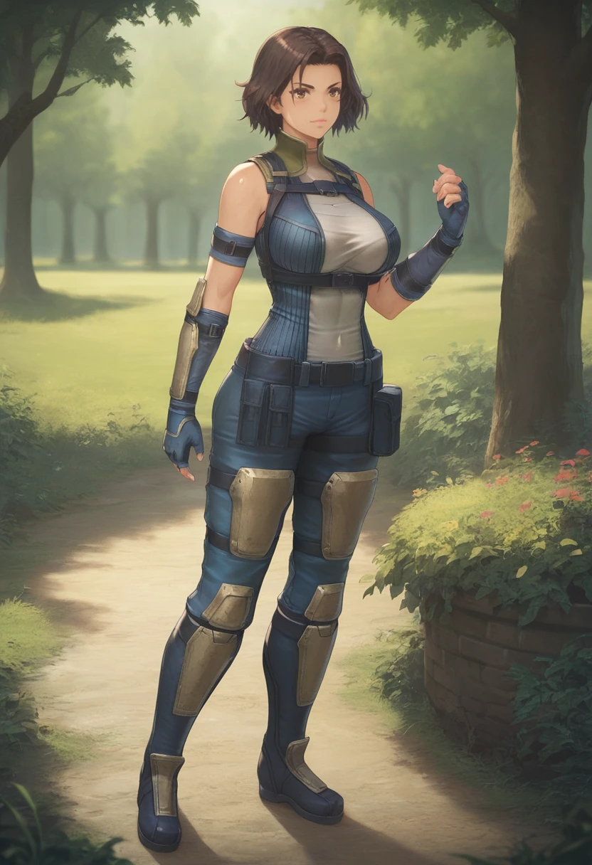 score_9, score_8_up, score_7_up, 1girl, solo, full body, standing, ribbed shirt, green collar, blue pants, arm guards, knee boots, fingerless gloves, arm bands, short hair, large breasts, brown eyes, monica, outdoors<lora:monica xl 001 fro 95:1>