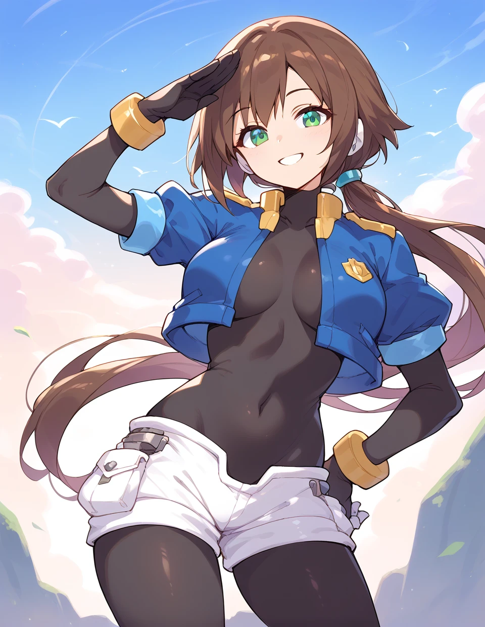 1girl,<lora:aile(megaman)_pony:1>,ailezxa,green eyes,brown hair,robot ears,long hair,medium breasts,low ponytail,
cropped jacket,blue jacket,short sleeves,layered sleeves,gloves,bodysuit,bodystocking,legwear under shorts,shorts,short over long sleeves,open jacket,
smile,salute,sky,, score_9,score_8_up,score_7_up,score_6_up,score_5_up,score_4_up,