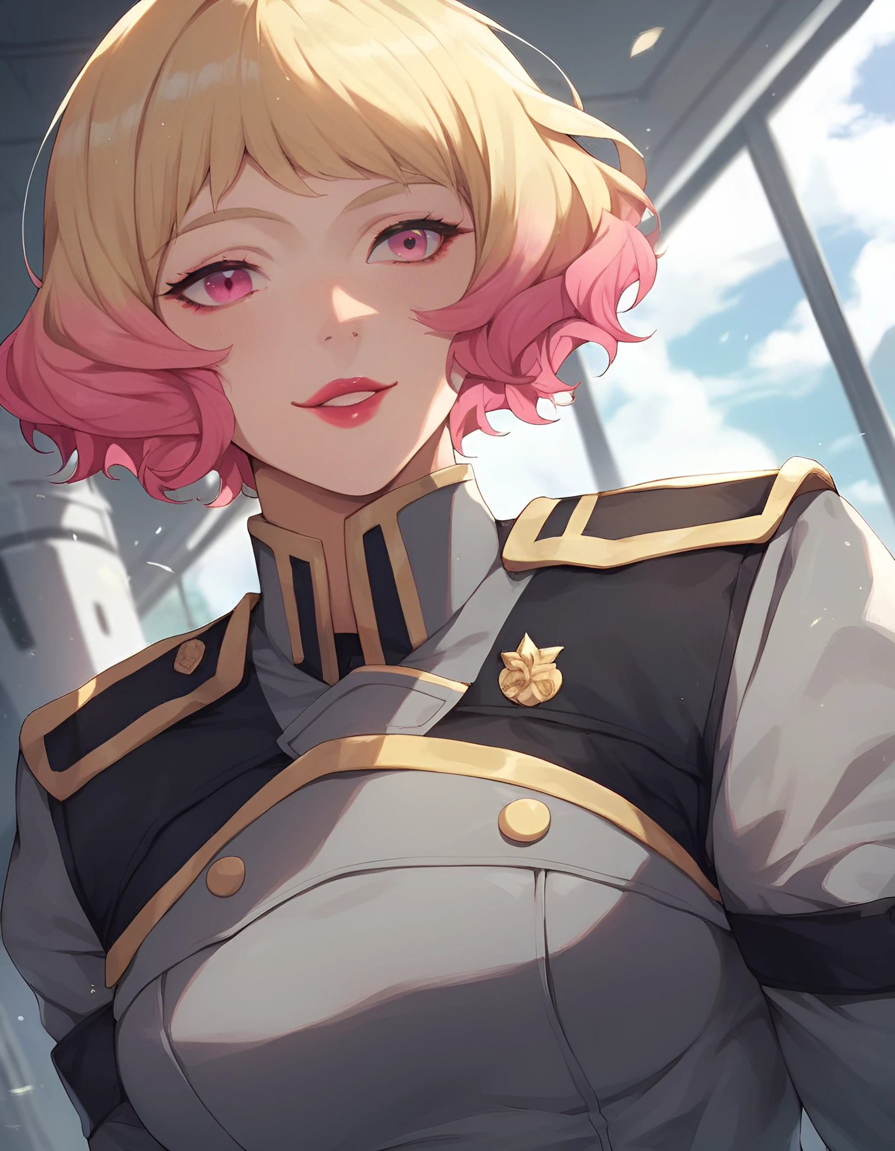 score_9, score_8_up, score_7_up, score_6_up, score_5_up, score_4_up, rating_questionable, source_anime, sofia louis 1girl, solo, short hair, blonde hair, pink hair, multicolored hair, pink eyes, gradient hair, makeup, lipstick, pink eyes, bedroom,, blonde eyebrows, grey military uniform, , medium breasts, giant mecha