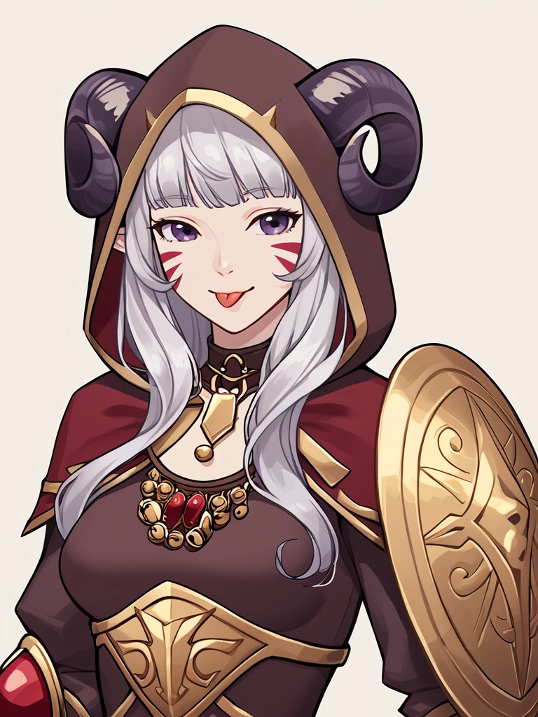 <lora:buckler:0.8> (holding buckler, armor, buckler connected girl's calf, solo, one shield, focus on buckler:1.2), source_furry, score_7_up, rating_safe tiefing, short pointy ears, (a pair of brown sheep Horns that begin at her temples and curve back: 1.5), bangs, long silver hair long wavy hair, pale skin, <lora:whisker_markings:0.8> red whisker_markings purple eyes ,  <lora:age_slider_v4:0.5> medium breasts, skinny female, <lora:Tieflingnew weird fantasyDND:0.3> Tiefling, cowboy shot, <lora:Smooth Style 2 SDXL_LoRA_Pony Diffusion V6 XL:0.2>  bell, brown robe, hood off, <lora:Nanoless_Artist_Style_PonyXL:0.5> gold necklace, simple background,  close up:0.3 , :p, tongue out,  looking at viwer, boring:1.3, hands, from side,