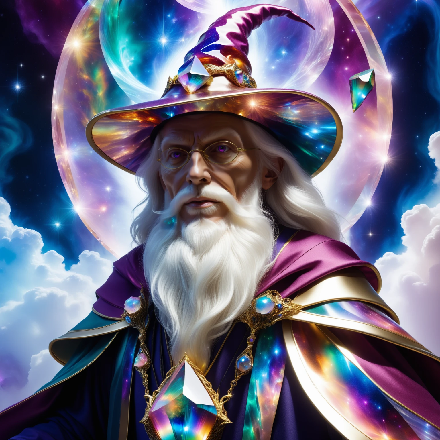 a wizard wearing a hat made out of multicoloured Jed-Auquartz,   <lora:AuraQuartzStyle:0.8>